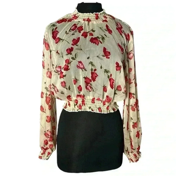 Princess Polly Boho Floral Tan Multicolor Mock Turtleneck Sheer Blouse Size 6 - Picture 1 of 8
